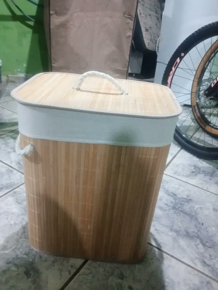 foto de Cesto De Roupa Bambu 50 Litros Dobrável Com Tampa E Alças Grande Organizador Lavanderia Banheiro Shokki