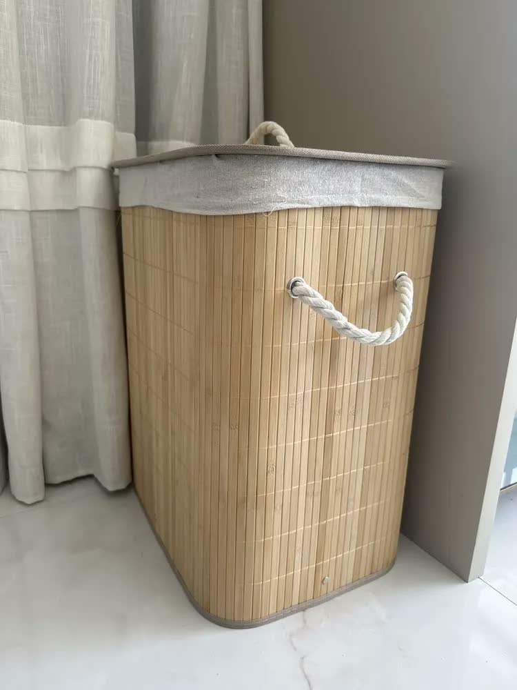 foto de Cesto De Roupa Bambu 50 Litros Dobrável Com Tampa E Alças Grande Organizador Lavanderia Banheiro Shokki