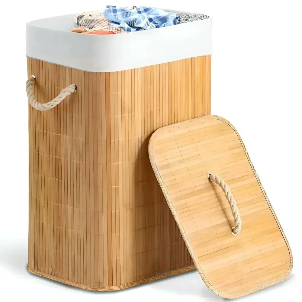 foto de Cesto De Roupa Bambu 50 Litros Dobrável Com Tampa E Alças Grande Organizador Lavanderia Banheiro Shokki