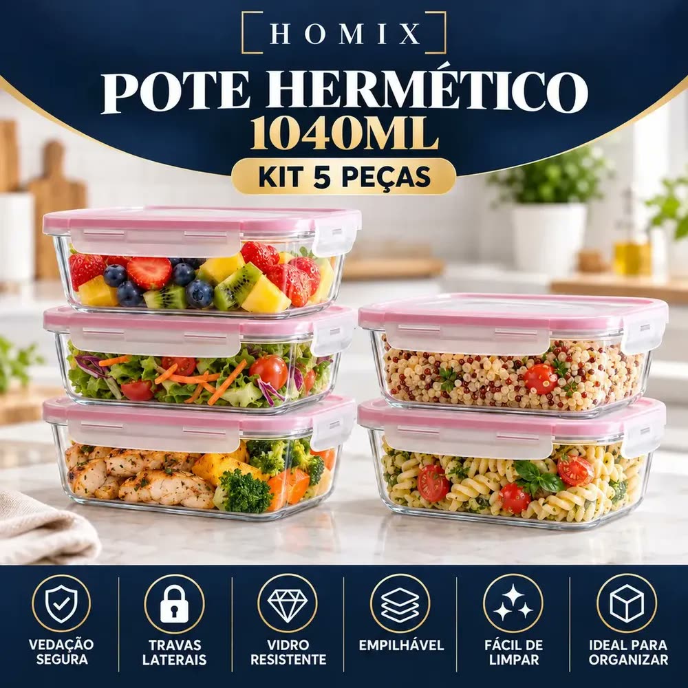 Kit 5 Potes Vidro Hermético 1040ml Retangular 4 Travas Marmita Premium Homix