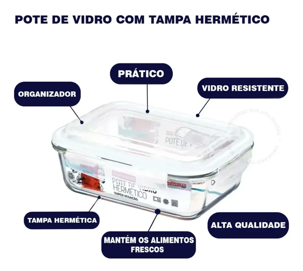 foto de Kit 10 Potes Vidro Hermético 370ml Retangular 4 Travas Marmita Premium Homix