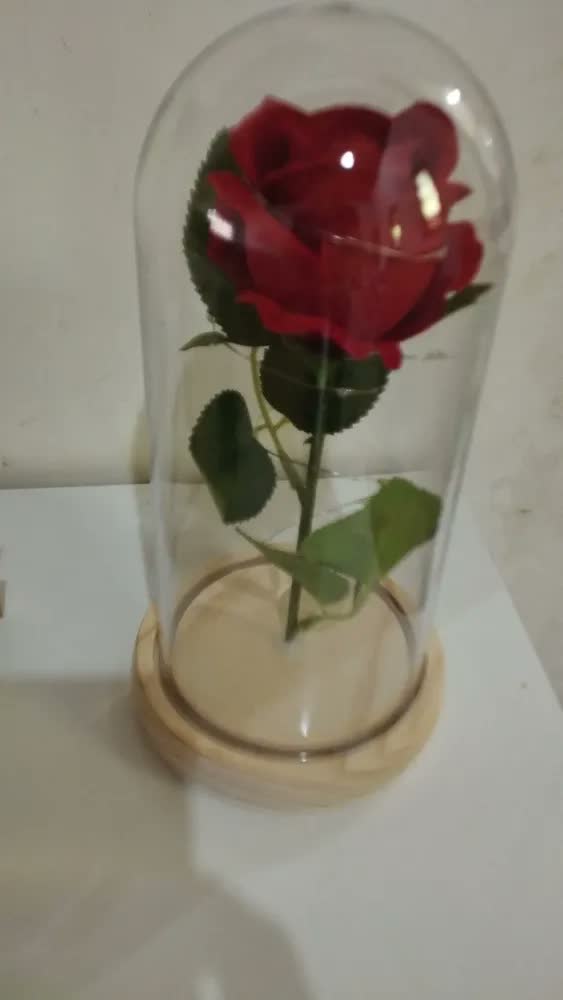 foto de Mini Luminária Rosa Encantada Led Enfeite Modelo Mini Base Madeira Cúpula Redoma A Bela E A Fera 10.5 X 21.8 Cm Cor Vermelha - Planeta Andrômeda
