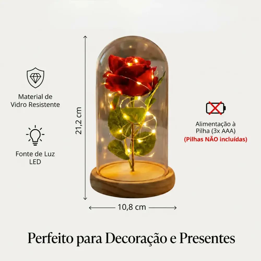 foto de Mini Luminária Rosa Encantada Led Enfeite Modelo Mini Base Madeira Cúpula Redoma A Bela E A Fera 10.5 X 21.8 Cm Cor Vermelha - Planeta Andrômeda