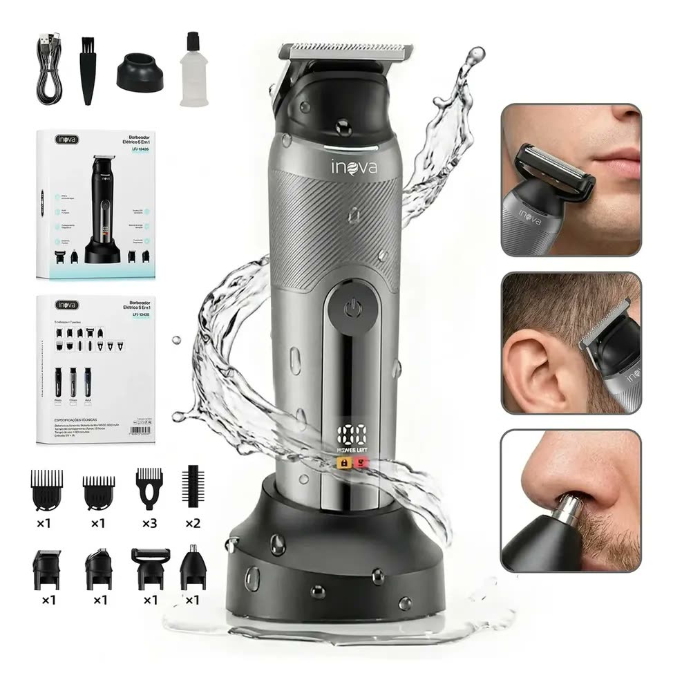 foto de Barbeador Aparador de Pelos Elétrico Inova Multigroom 5 em 1, para Barba e Corpo com 8 Pentes e Bateria Recarregável