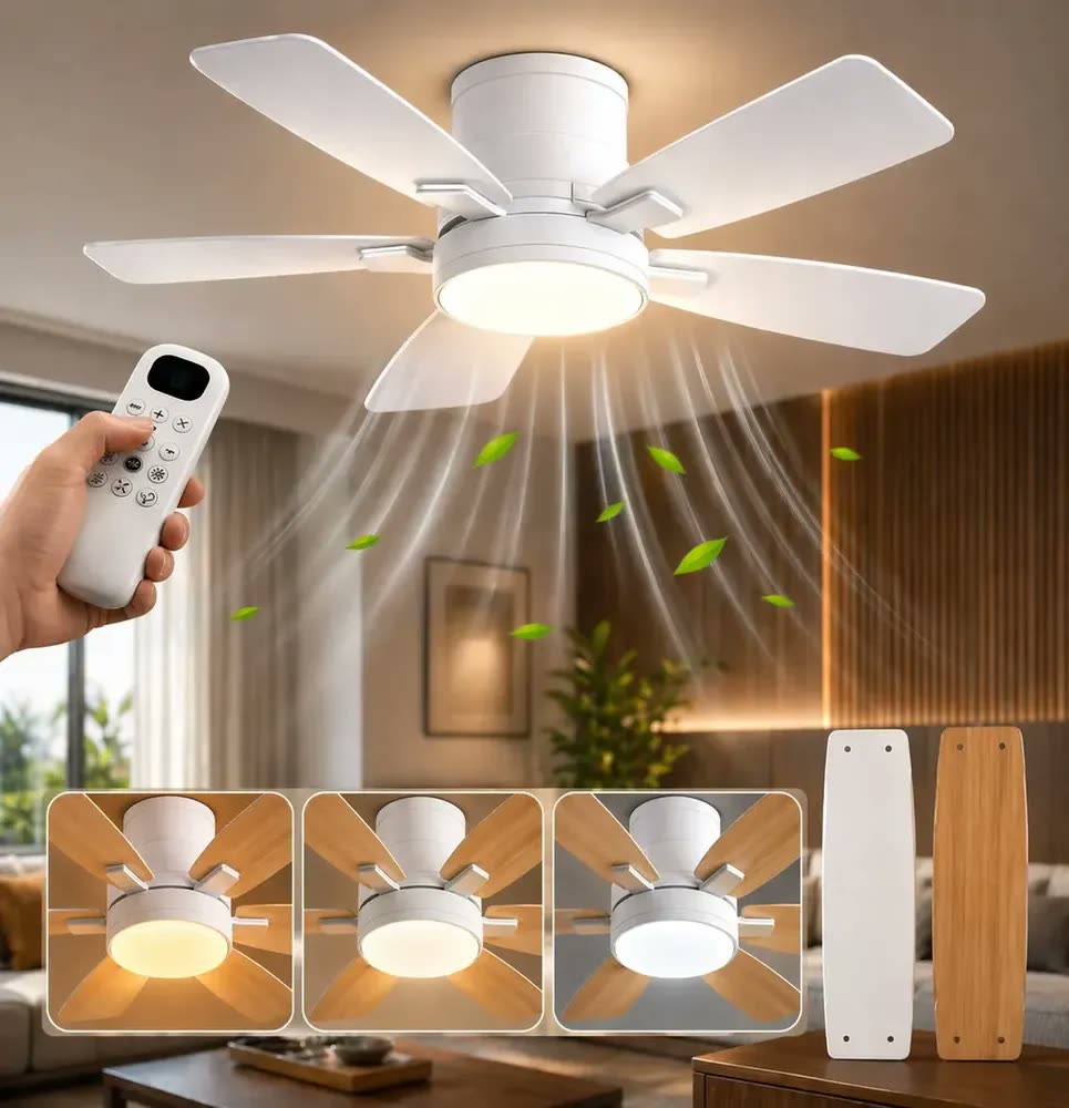 Ventilador de Teto Silencioso com Luz LED, Controle Remoto, 107 cm, 8 Velocidades, Tieesa