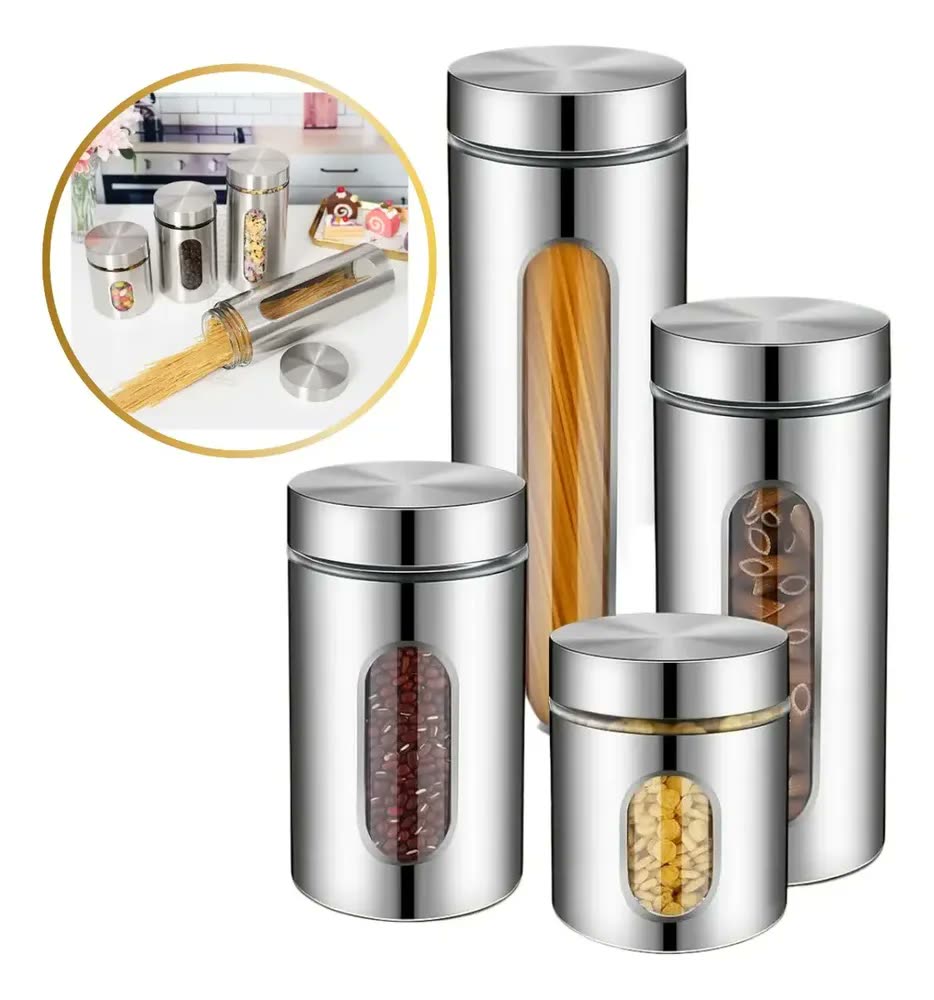 foto de Kit 4 Pote Inox Vidro Hermetico Visor Mantimento Organizador Inox