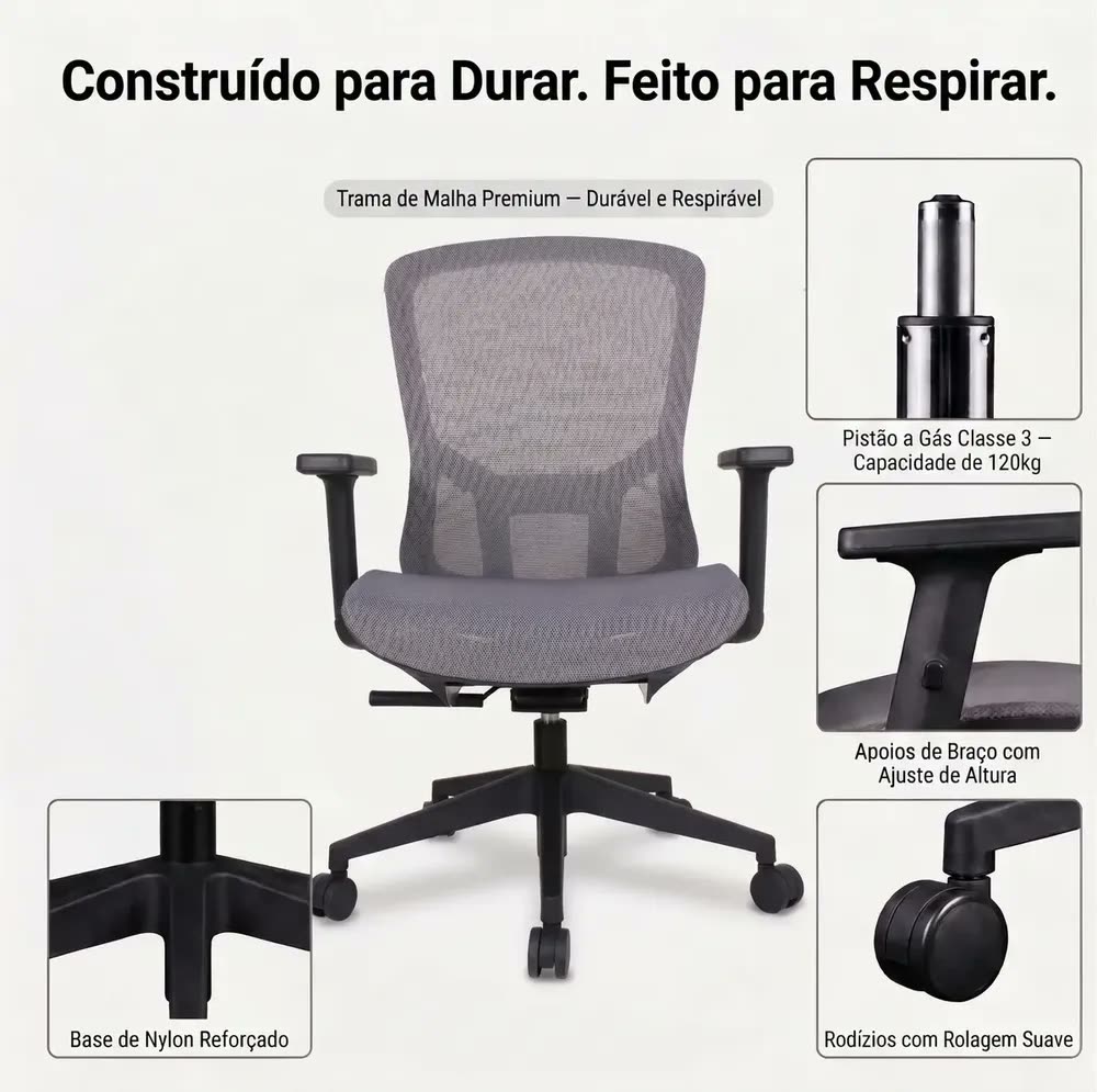 Cadeira Escritório Ergonômica Stoel Auris Confortável Mesh Cinza Mesh