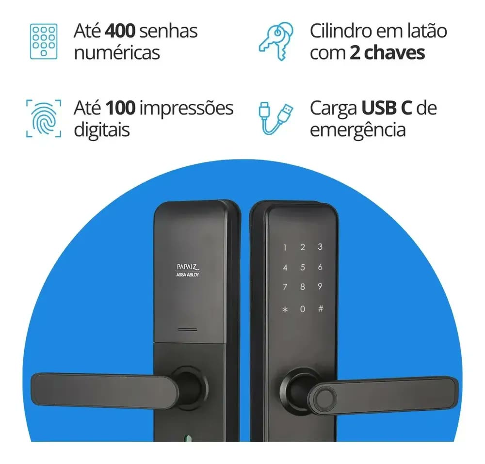 foto de Fechadura Eletrônica Papaiz Fit Lock Preta | Senha Biometria Digital Chave
