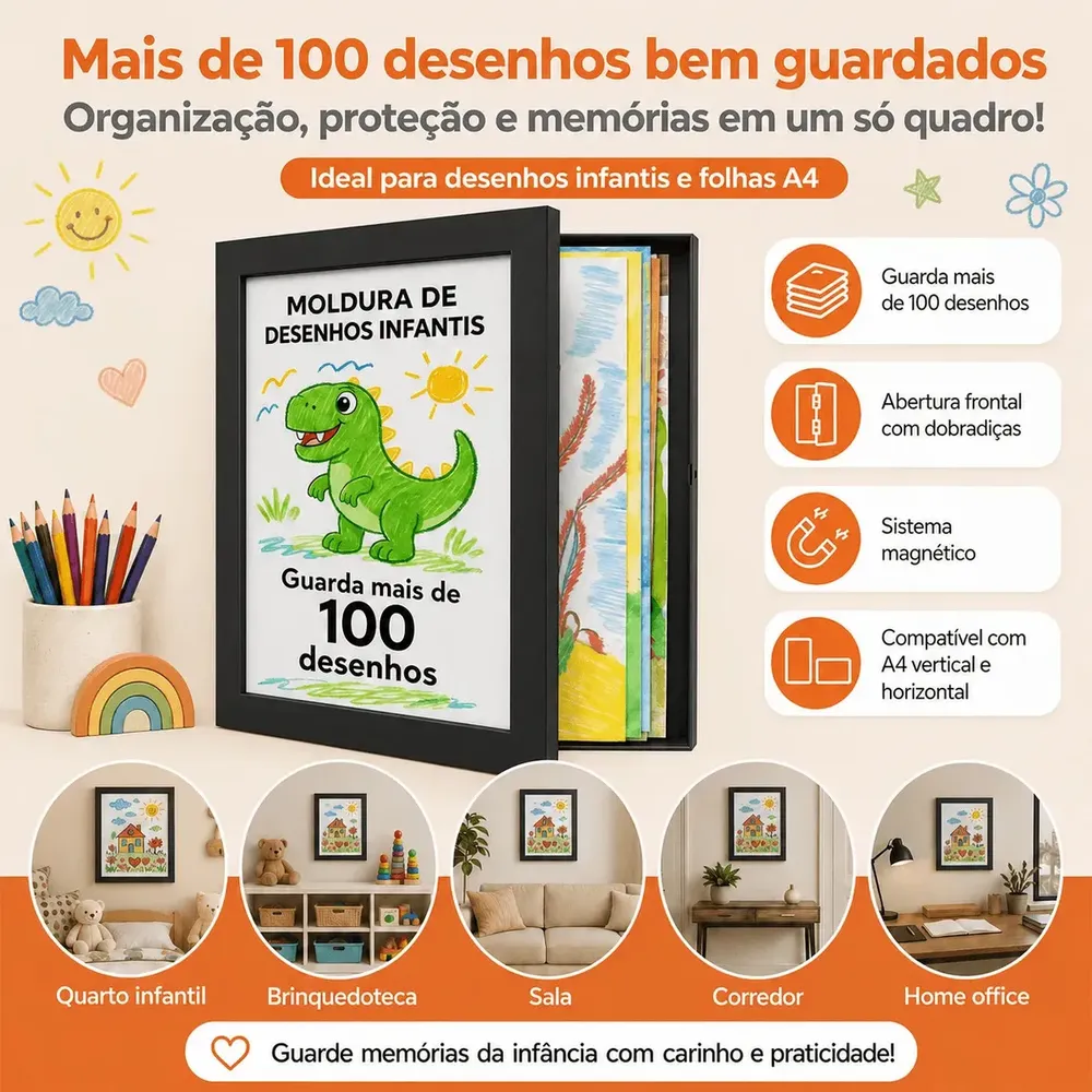 foto de Quadro Desenhos Infantil para Pendurar Parede Aço A4 Horizontal Vertical Cor Preto