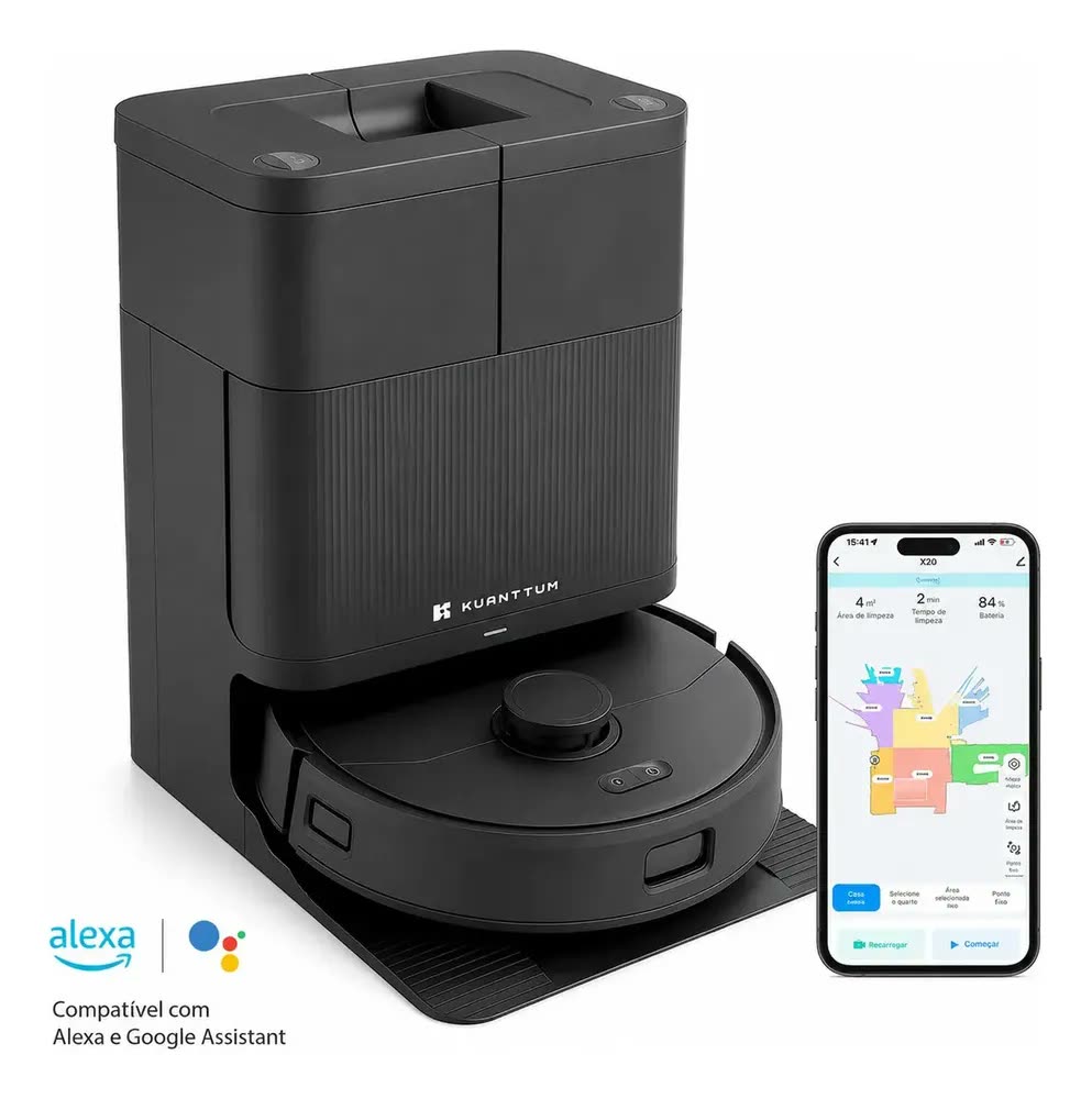 foto de Robô Aspirador De Pó Inteligente Wi-Fi Kuanttum Mop Lava e Seca Água Quente Varre Aspira 3 em 1 Robot 20000Pa Autolimpante X20 Passa Pano Mapeamento Cor Preto Com Base Estação