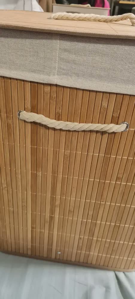 foto de Cesto De Roupa Suja Bambu Retangular Tampa 72l Alça Forrado Bege Liso