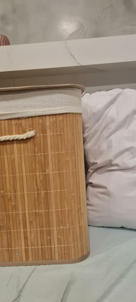 foto de Cesto De Roupa Suja Bambu Retangular Tampa 72l Alça Forrado Bege Liso