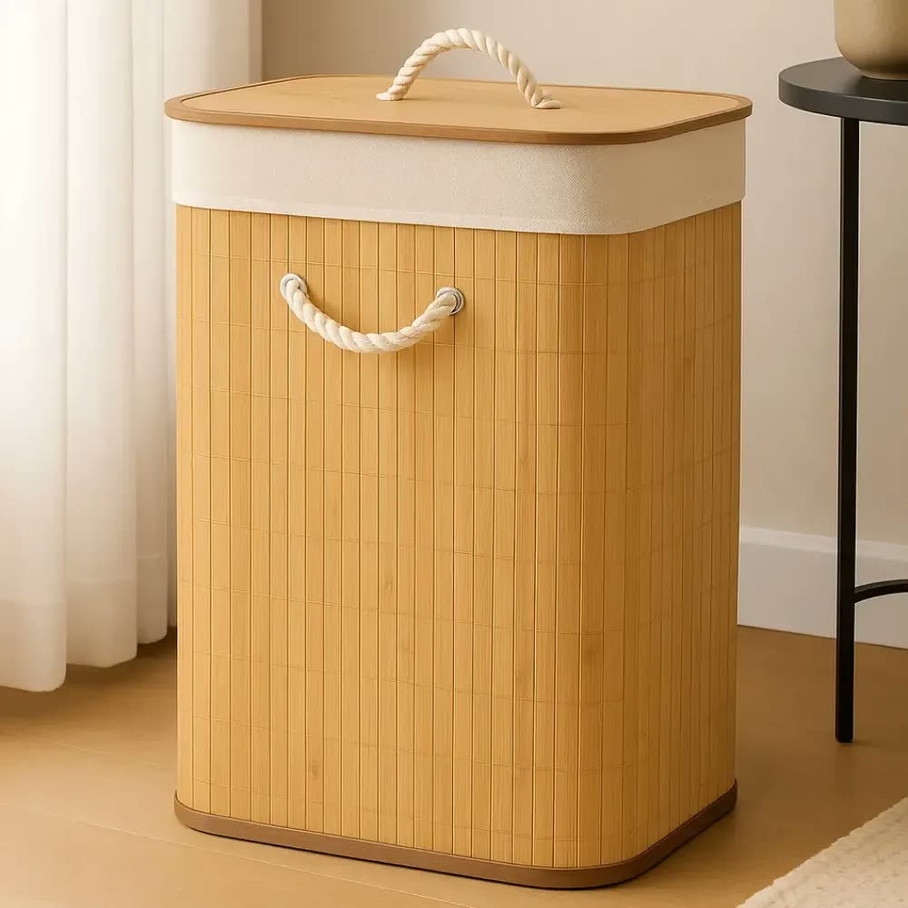 Cesto De Roupa Suja Bambu Retangular Tampa 72l Alça Forrado Bege Liso