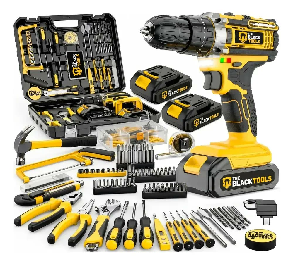 Parafusadeira Furadeira De Impacto The Black Tools Com Maleta + Kit Acessórios 147 Peças 2 Baterias Profissional Tbkit17