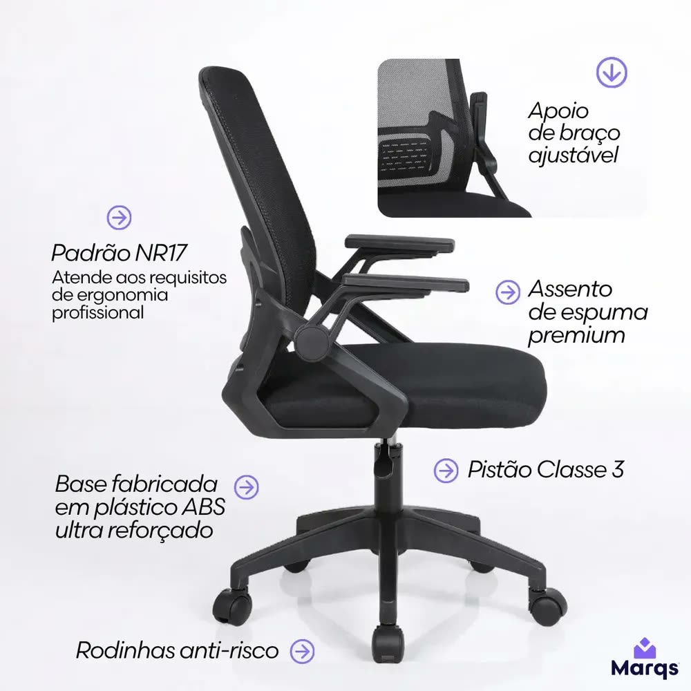 Cadeira De Escritorio Ergonomica Nr17 Ethernus Marqs Home Giratoria Resistente Reforçada 180kg Confortavel Reuniao Preto