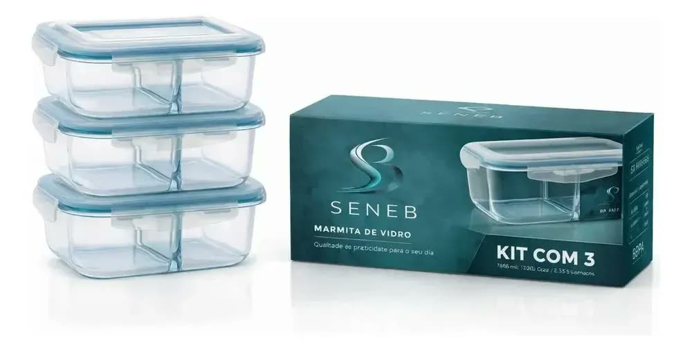 Kit 3 Potes Marmita Vidro Hermético 1040ml C/ Divisória Free Freezer Microondas Forno