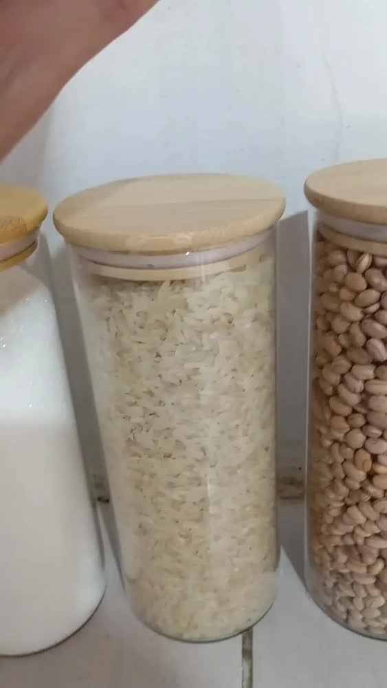 foto de Kit 3 Pote Hermético Vidro Tampa Bambu 1000ml Mantimentos Marrom Armazenamento Organização de Cozinha - Meu Canto