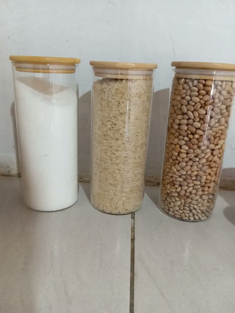 foto de Kit 3 Pote Hermético Vidro Tampa Bambu 1000ml Mantimentos Marrom Armazenamento Organização de Cozinha - Meu Canto