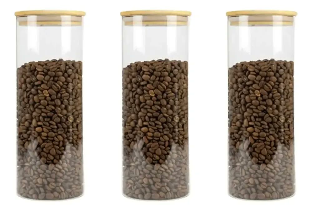 Kit 3 Pote Hermético Vidro Tampa Bambu 1000ml Mantimentos Marrom Armazenamento Organização de Cozinha - Meu Canto