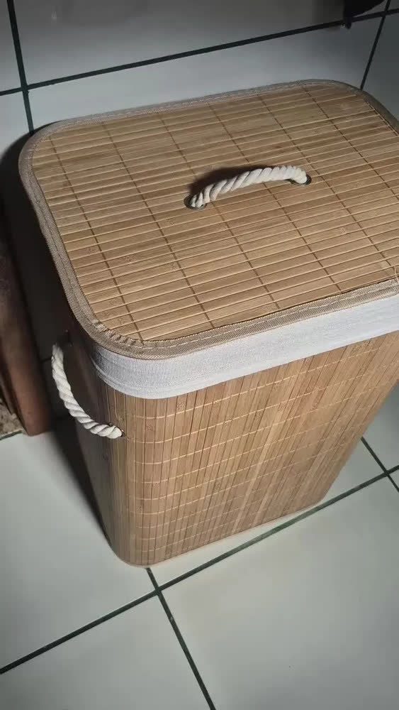 foto de Cesto De Roupa Suja Em Bambu 72l Retangular Dobravel Tampa E Alça Reforçada Pítia