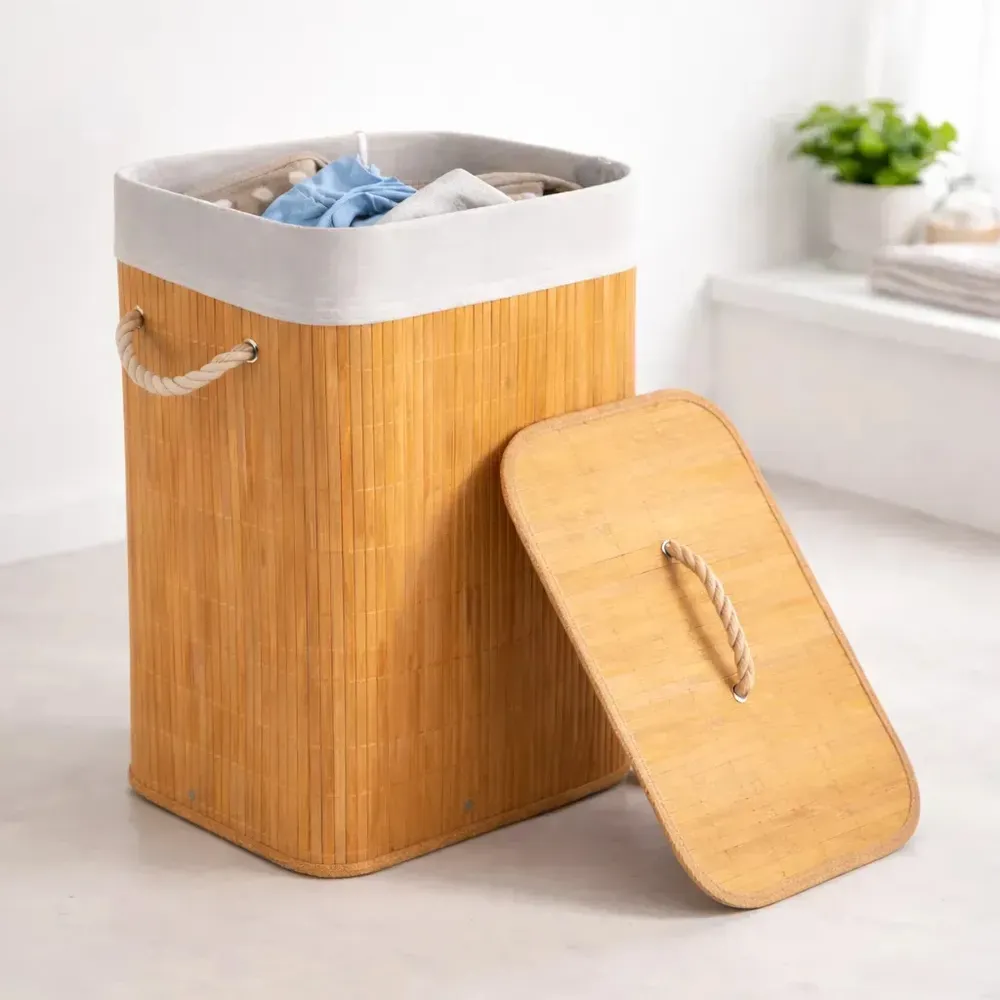 foto de Cesto De Roupa Suja Em Bambu 72l Retangular Dobravel Tampa E Alça Reforçada Pítia