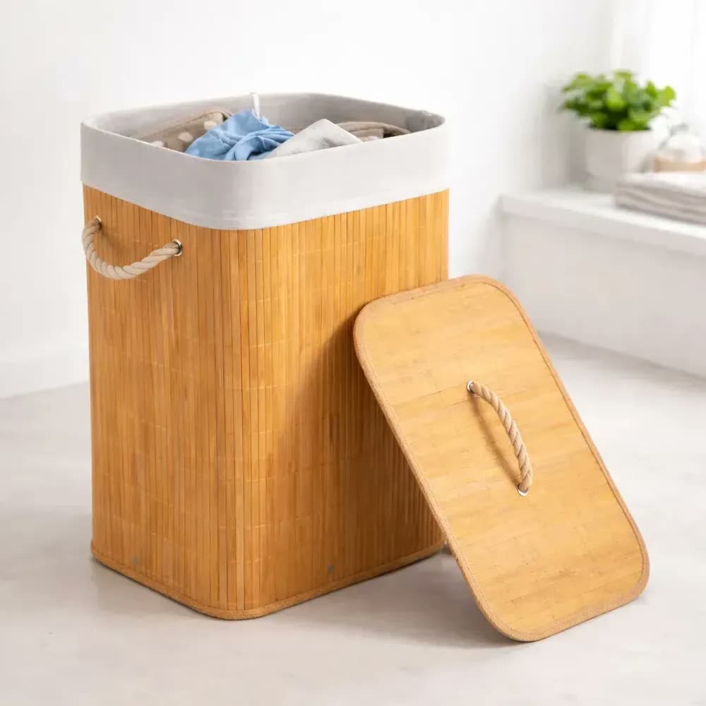 Cesto De Roupa Suja Em Bambu 72l Retangular Dobravel Tampa E Alça Reforçada Pítia