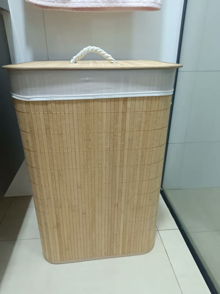 foto de Cesto de Roupa Retangular de Bambu com Tampa e Forro – Fukuyama, Bege