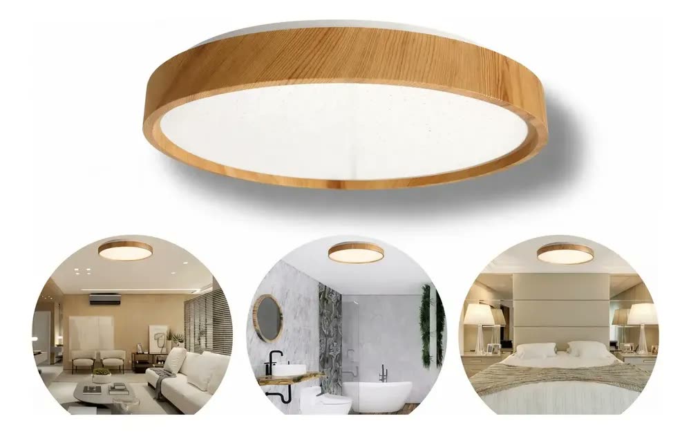 Plafon LED Sobrepor Redondo Star 30W Luminária Teto Moderna 39cm Sala Jantar Quarto Cozinha Corredor Hall Área Gourmet Acabamento tom Madeira Freijó Difusor Cintilante Bivolt 3000K 4000K 6000K Disoma