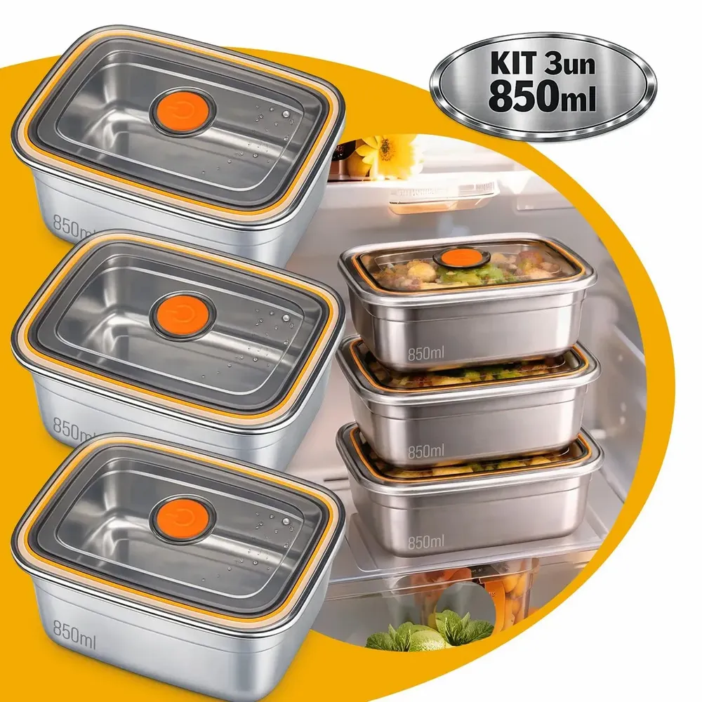 foto de Kit 03 Unidades Conjunto Hermético Aço Inox Com Tampa Potes Hermeticos Pote Marmita Pote Alimento Pote Inox Com Tampa Hermetica Vasilha Marmita Freezer Alimentos Cozinha Capacidade 850 mL Drop Shopy