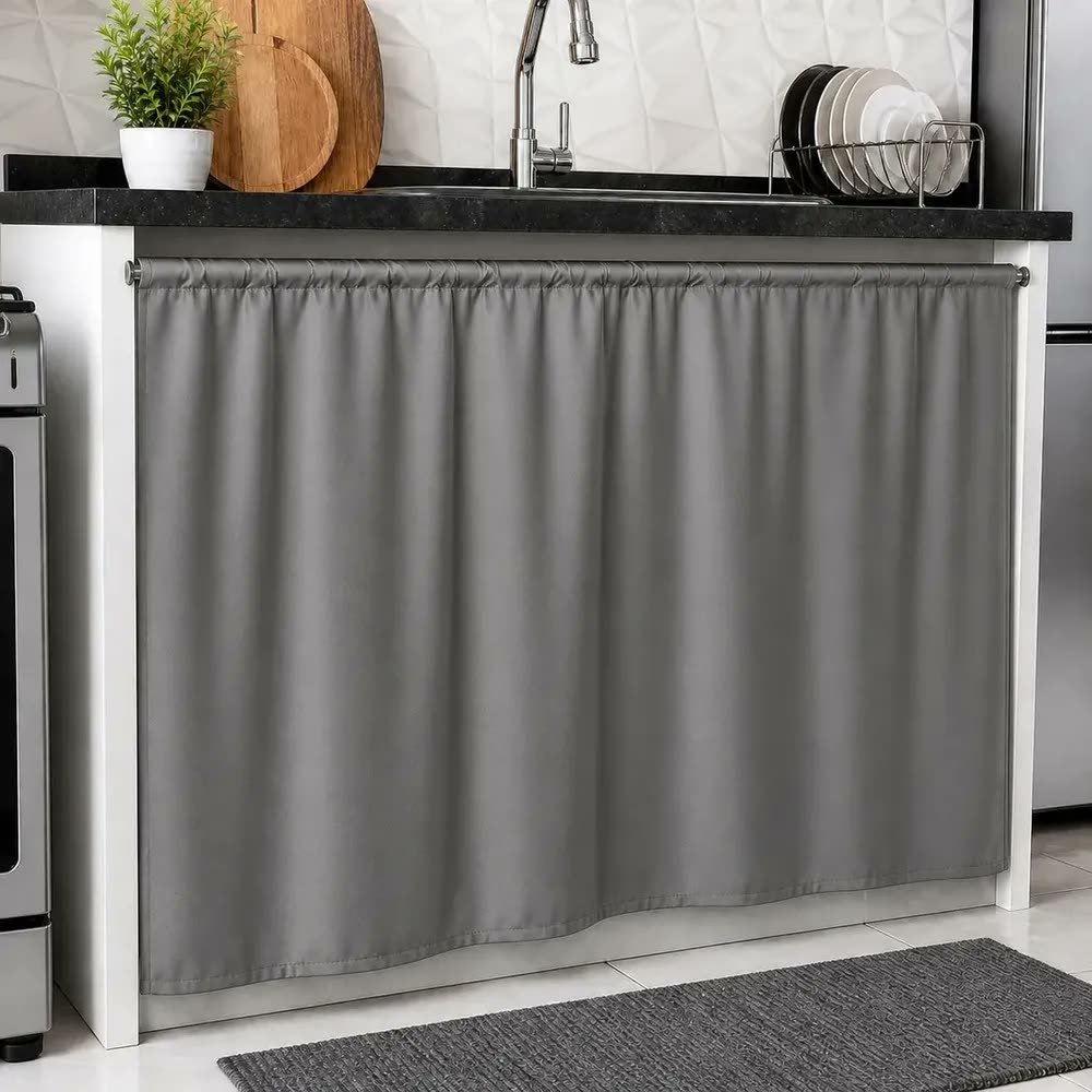 foto de Cortina Para Pia De Cozinha Balcão Blackout Lisa 1,40x80cm Cinza