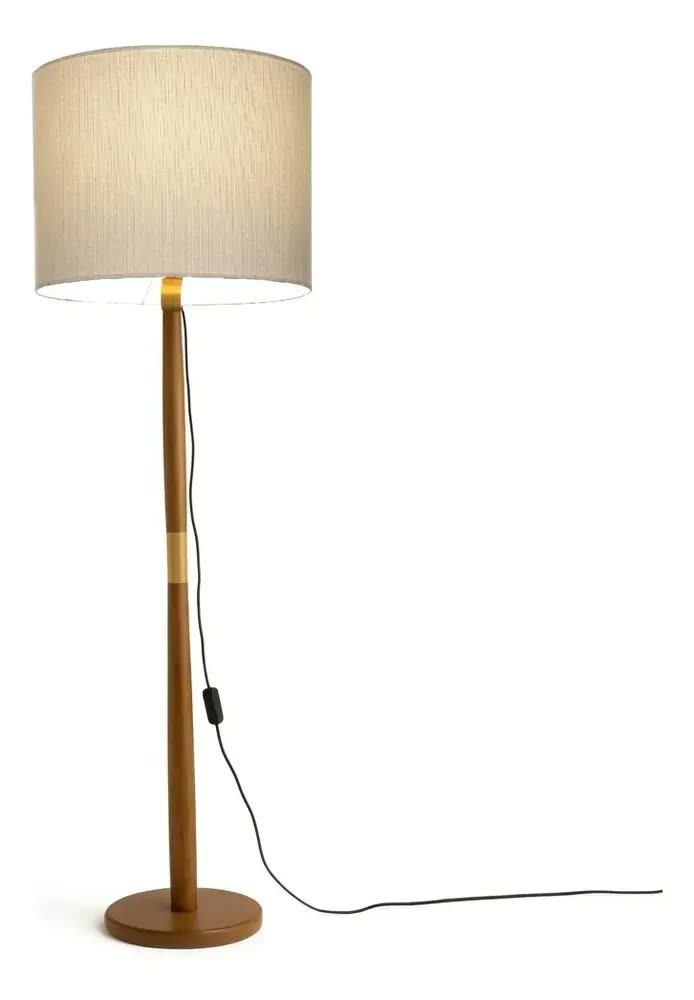 Abajur Luminária De Chão Imperial Pé Madeira Detalhe Dourado Bege Marrom
