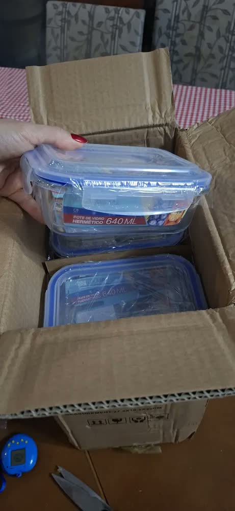 foto de Kit 10 Potes de Vidro Marmita Hermético 640ml Retangular Freezer Fitness Forno Micro Ondas Airfryer com 4 travas de super vedação Mikasa By Chalesco