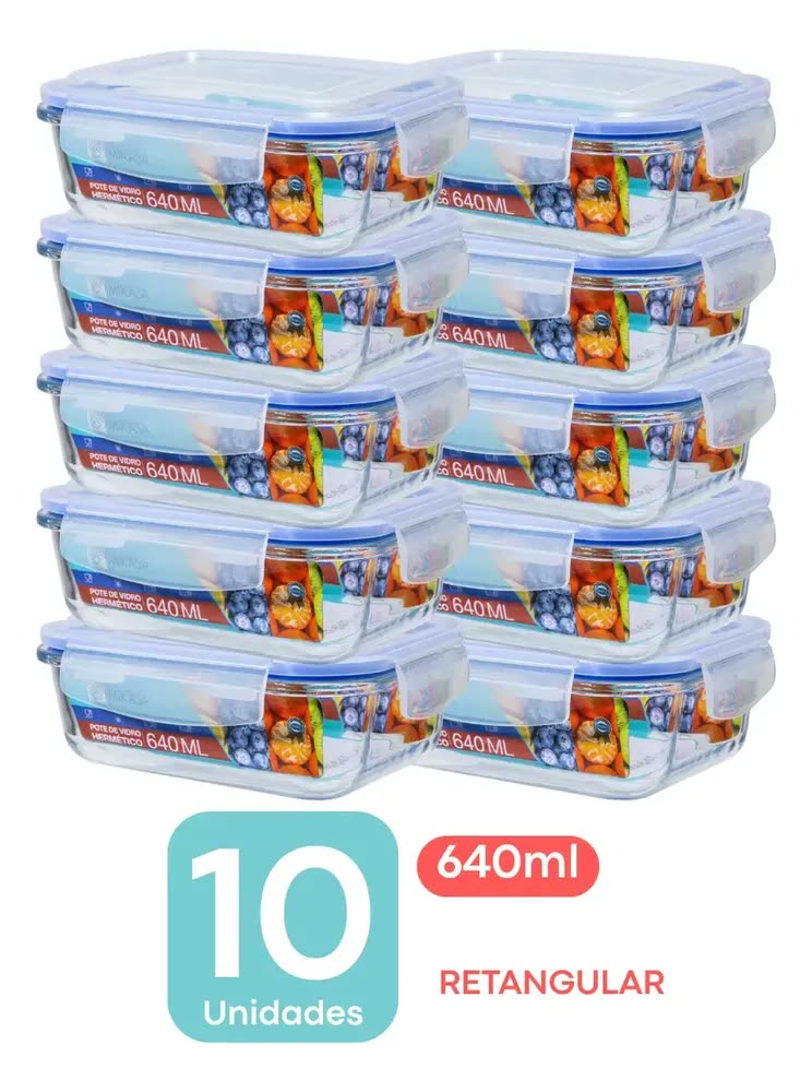 foto de Kit 10 Potes de Vidro Marmita Hermético 640ml Retangular Freezer Fitness Forno Micro Ondas Airfryer com 4 travas de super vedação Mikasa By Chalesco