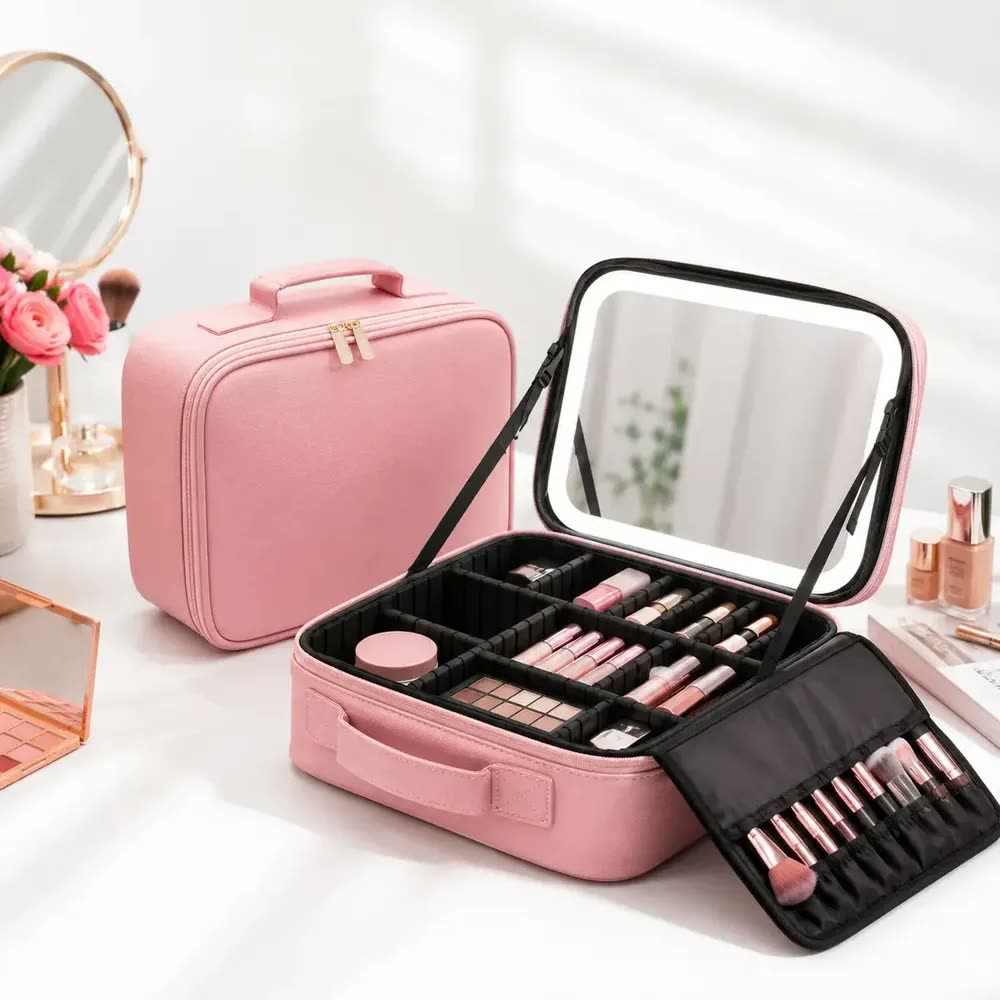 Maleta Profissional de Maquiagem Pontokit Com Espelho e LED USB, Organizador Portátil de Cosméticos e Divisórias Ajustáveis