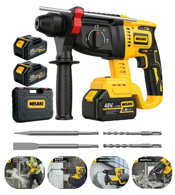 Martelete Rompedor Profissional De Impacto Portátil, Motor Sem Escovas, 48v Com 2 Baterias | Perfurador Para Concreto/alvenaria | Também Fura Madeira E Metal 4 Funções