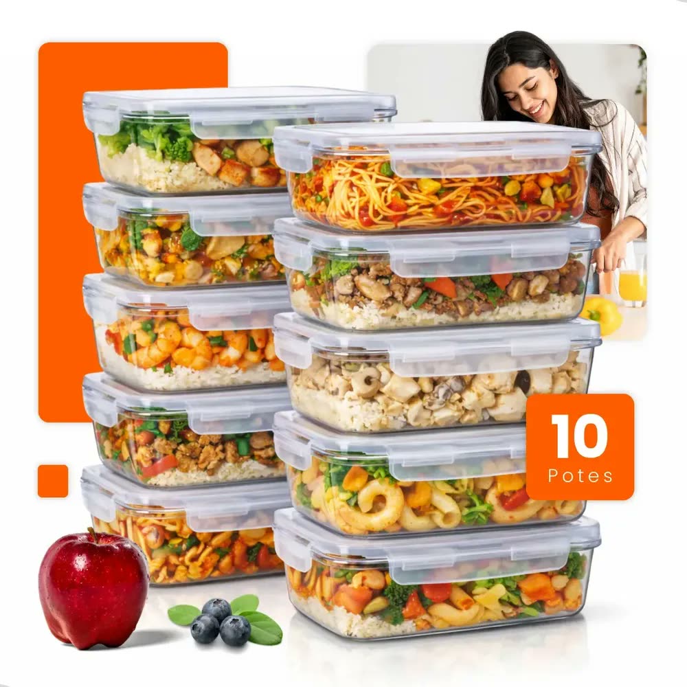 foto de Kit 10 Potes De Vidro Hermético 640ml Marmita Fitness 4 Travas Não Vaza Freezer Micro-ondas Forno Bpa Free Hold On
