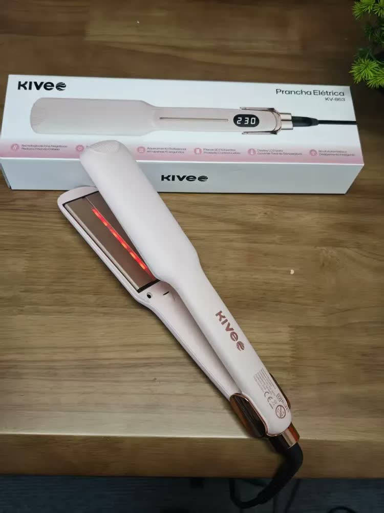 foto de Chapinha Profissional Kive KV-863 Prancha Alisadora, Modelador Inteligente, Ajustável, Infravermelho, Aquecimento Rápido, 230°C, Anti Frizz, Bivolt, Íons Negativos, Para Todos os Tipos de Cabelos