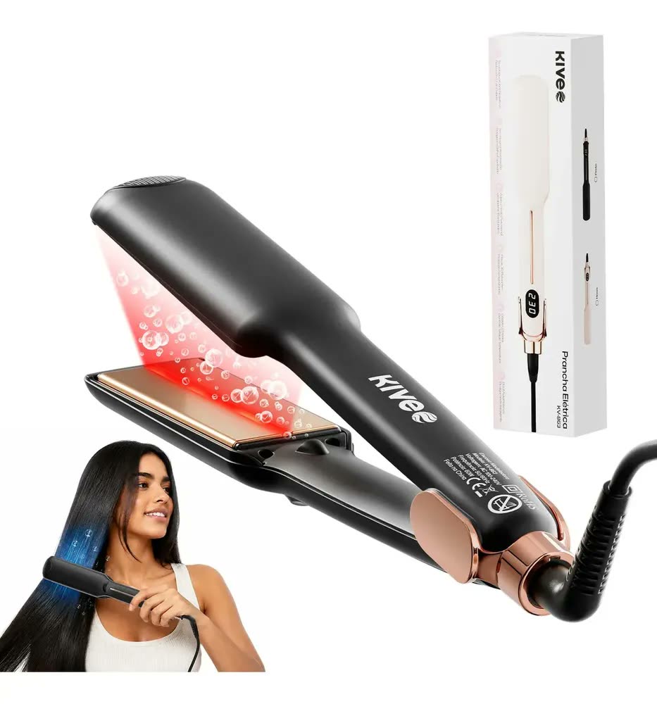 Chapinha Profissional Kive KV-863 Prancha Alisadora, Modelador Inteligente, Ajustável, Infravermelho, Aquecimento Rápido, 230°C, Anti Frizz, Bivolt, Íons Negativos, Para Todos os Tipos de Cabelos