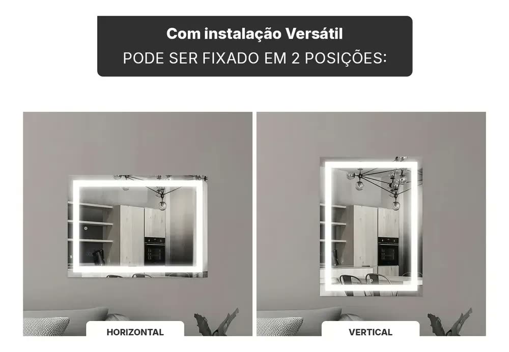 Espelho Led Jateado 70cm X 90cm Touch 3 Cores Penteadeira 70x90cm Com 3 Cores Led