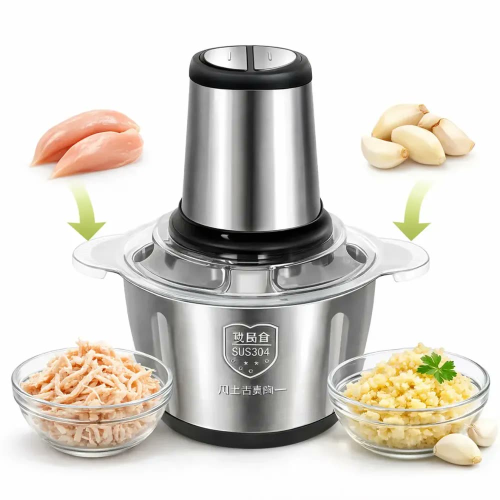 foto de Multiprocessador Elétrico De Alimentos Em Inox 2l Triturador De Alho Tempero Processador De Carne E Legumes Multifuncional Portátil 110v