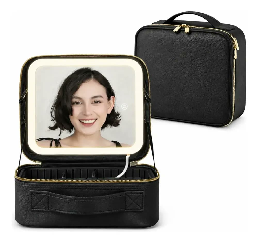 Bolsa Maleta De Maquiagem Com Espelho Led Portátil Viagem Preto