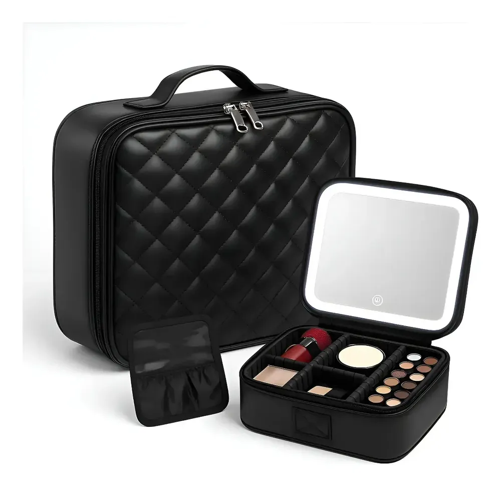 foto de Maleta De Maquiagem X-Matte Com Espelho Led Portátil Bolsa Organizadora Profissional Divisórias Porta Pincéis Preto
