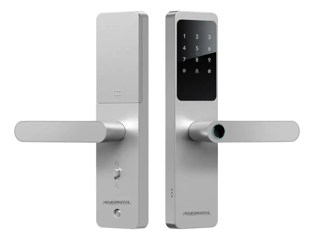 Fechadura Digital Eletrônica Biométrica NovaDigital Fusion Embutir Wifi Tuya App Senha Cartão TAG Chave Inteligente Prata