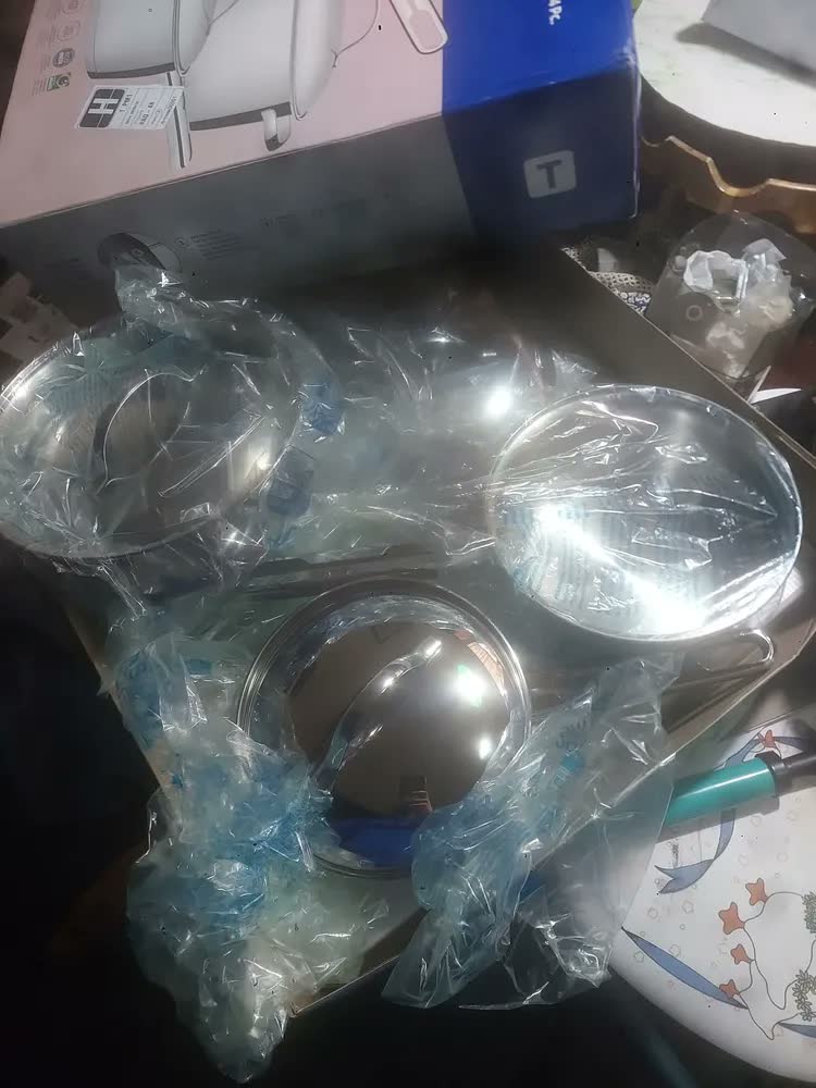 foto de Jogo Panelas Tramontina Allegra 4 Peças Aço Inox Fundo Triplo Indução Prateado Caçarola Frigideira Cozinha Fogão Gás Elétrico Cooktop