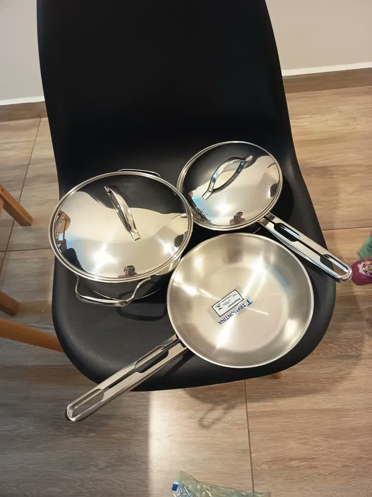 foto de Jogo Panelas Tramontina Allegra 4 Peças Aço Inox Fundo Triplo Indução Prateado Caçarola Frigideira Cozinha Fogão Gás Elétrico Cooktop