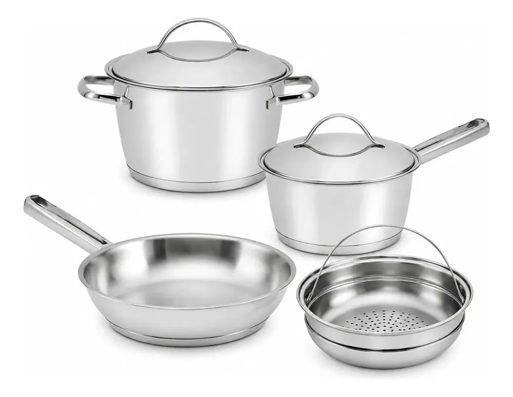 Jogo Panelas Tramontina Allegra 4 Peças Aço Inox Fundo Triplo Indução Prateado Caçarola Frigideira Cozinha Fogão Gás Elétrico Cooktop