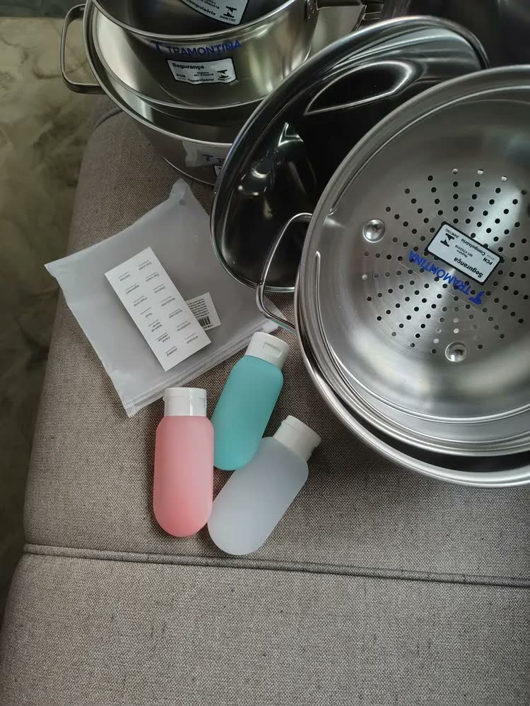 foto de Jogo Panelas Tramontina Allegra 7 Peças Aço Inox Fundo Triplo Indução Prateado Caçarola Frigideira Cozinha Fogão Gás Elétrico Vitrocerâmico