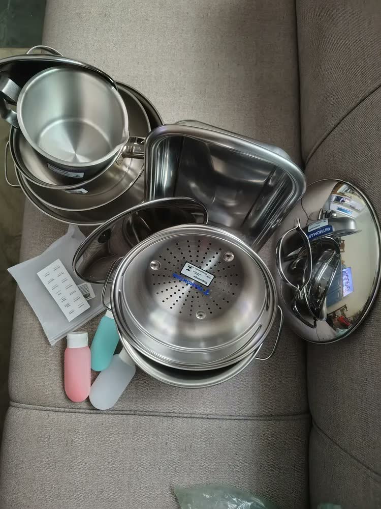 foto de Jogo Panelas Tramontina Allegra 7 Peças Aço Inox Fundo Triplo Indução Prateado Caçarola Frigideira Cozinha Fogão Gás Elétrico Vitrocerâmico