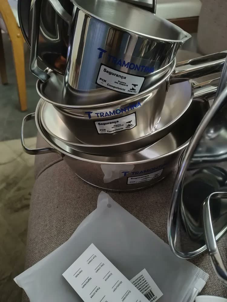 foto de Jogo Panelas Tramontina Allegra 7 Peças Aço Inox Fundo Triplo Indução Prateado Caçarola Frigideira Cozinha Fogão Gás Elétrico Vitrocerâmico