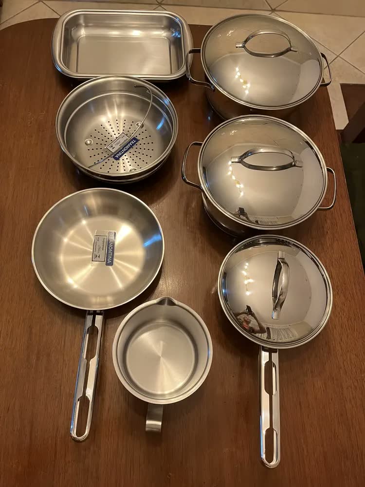 foto de Jogo Panelas Tramontina Allegra 7 Peças Aço Inox Fundo Triplo Indução Prateado Caçarola Frigideira Cozinha Fogão Gás Elétrico Vitrocerâmico